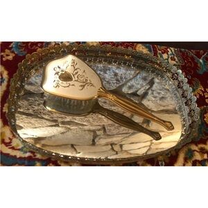 Vintage mirrored vanity tray with brush